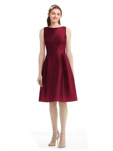 Short Midi Length Satin Cocktail Bridesmaid Dress with Bateau Neckline and V-Back Brisbane