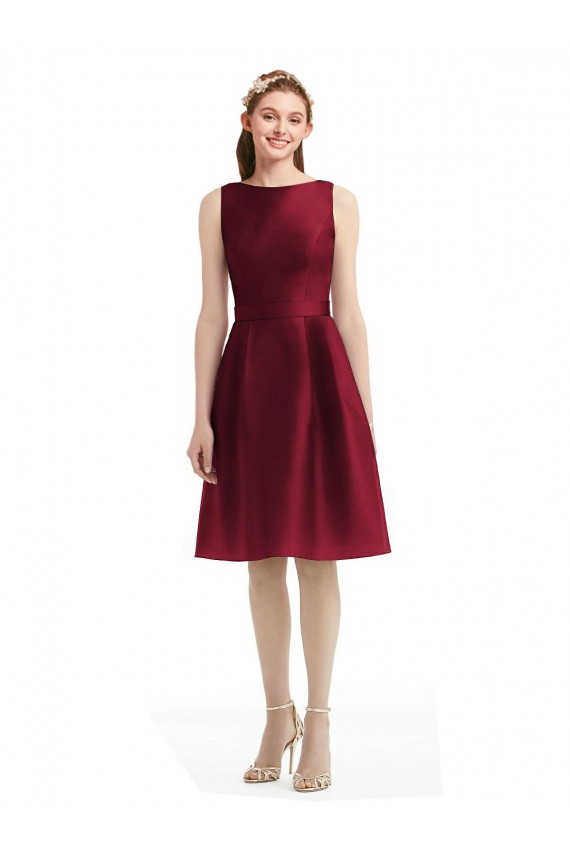 Short Midi Length Satin Cocktail Bridesmaid Dress with Bateau Neckline and V-Back Brisbane