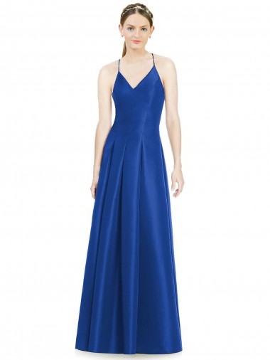 Full Pleated V-Neck Long Satin Bridesmaid Dress with Criss Cross Open Back Brisbane