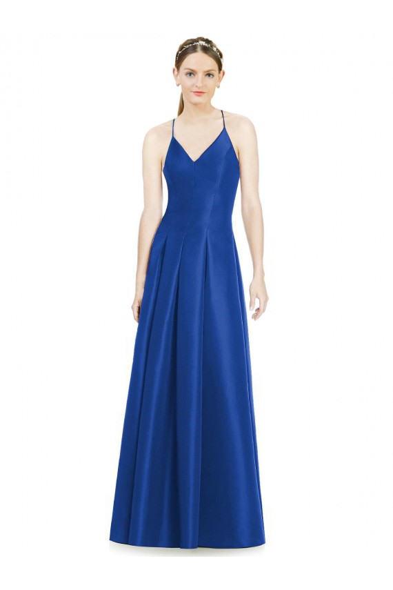 Full Pleated V-Neck Long Satin Bridesmaid Dress with Criss Cross Open Back Brisbane