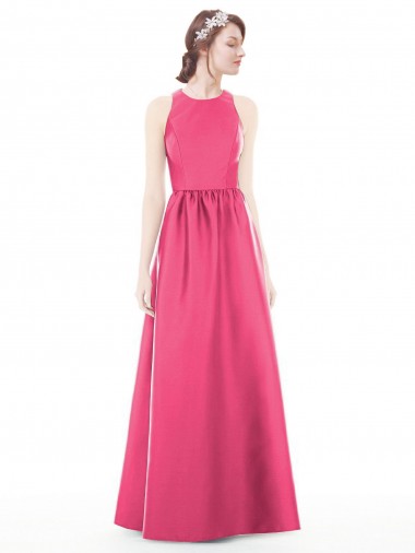 Jewel Neck Keyhole Back Sleek Long Satin Bridesmaid Dress Brisbane