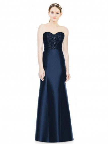 Full Length Strapless Satin Bridesmaid Dress with Lace Sweetheart Neckline Brisbane