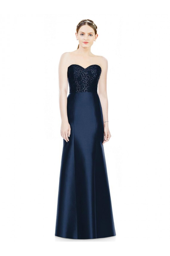 Full Length Strapless Satin Bridesmaid Dress with Lace Sweetheart Neckline Brisbane