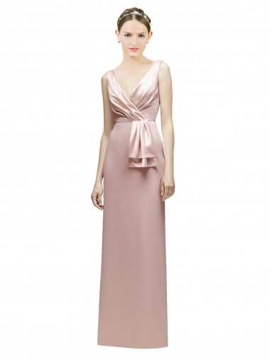 Sleeveless V-Neck Long Satin Bridesmaid Dress with Draped Bodice and Tiered Bow Brisbane