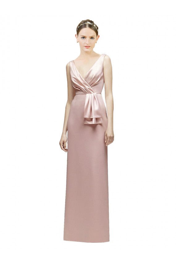 Sleeveless V-Neck Long Satin Bridesmaid Dress with Draped Bodice and Tiered Bow Brisbane