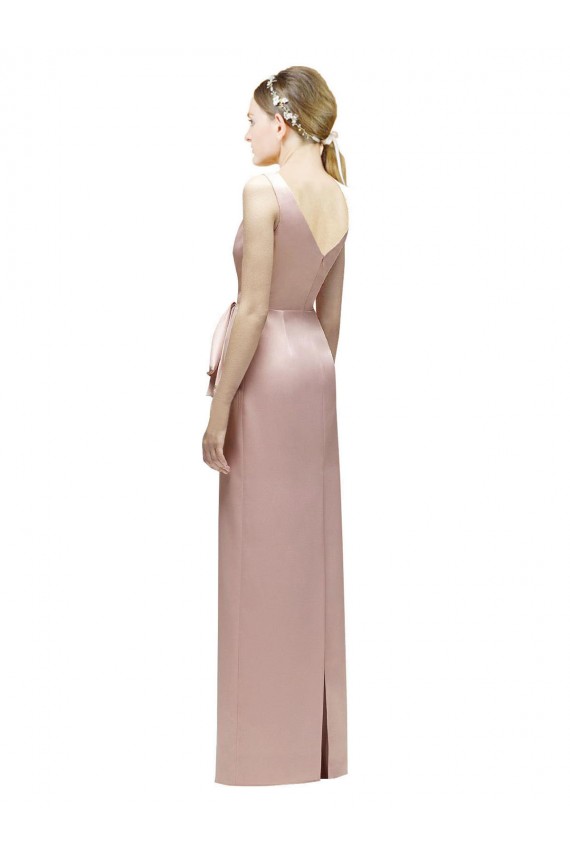 Sleeveless V-Neck Long Satin Bridesmaid Dress with Draped Bodice and Tiered Bow Brisbane