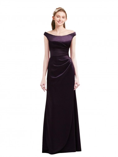 Off The Shoulder Long Satin Bridesmaid Dress with Asymmetrical Pleated Bodice Brisbane