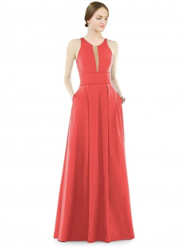 Sheer V-Neck Tulle Illusion Long Satin Bridesmaid Dress Brisbane