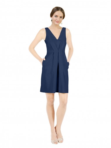 Deep V-Neck Short Knee Length Satin Cocktail Bridesmaid Dress with Slimming Pleats Brisbane
