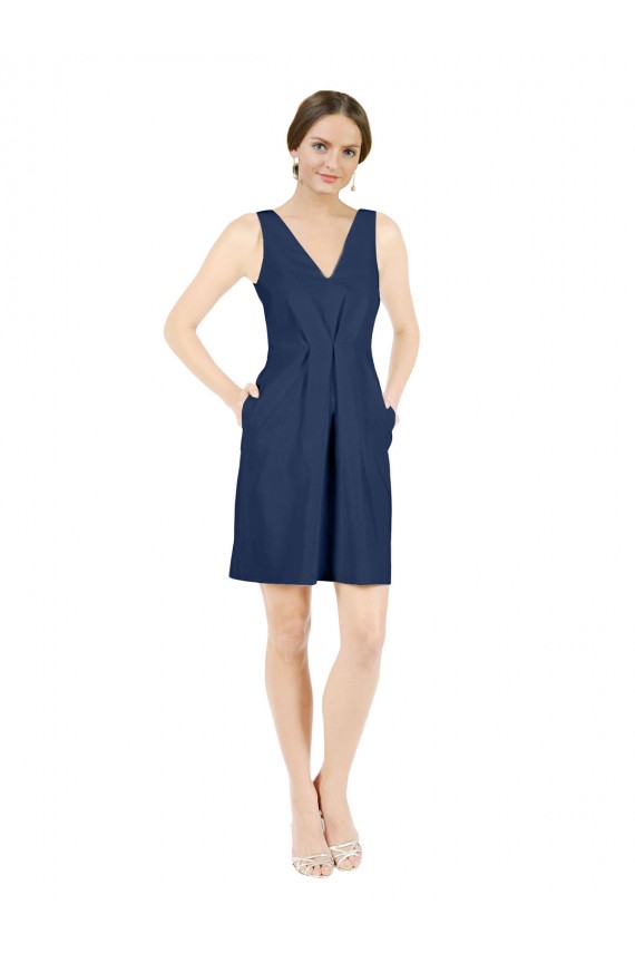 Deep V-Neck Short Knee Length Satin Cocktail Bridesmaid Dress with Slimming Pleats Brisbane