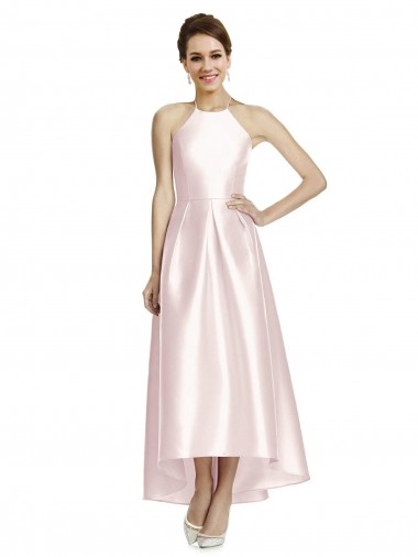 Long High-Low Halter Satin Bridesmaid Dress with Criss-Cross Back Brisbane