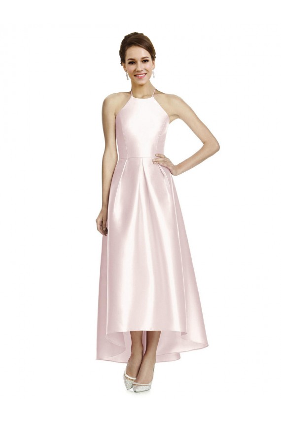 Long High-Low Halter Satin Bridesmaid Dress with Criss-Cross Back Brisbane