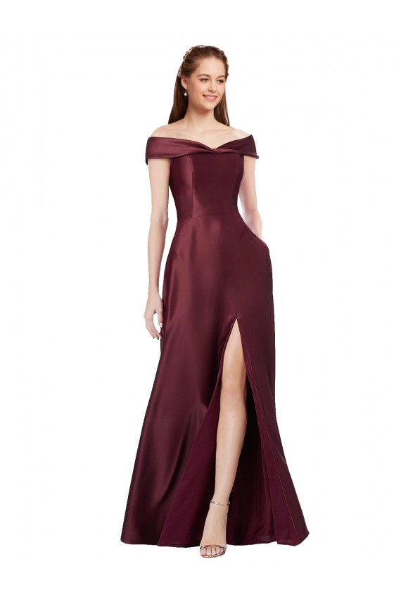 Long Off the Shoulder Formal Satin Bridesmaid Dress / Prom Dress with Thigh-high Slit Brisbane