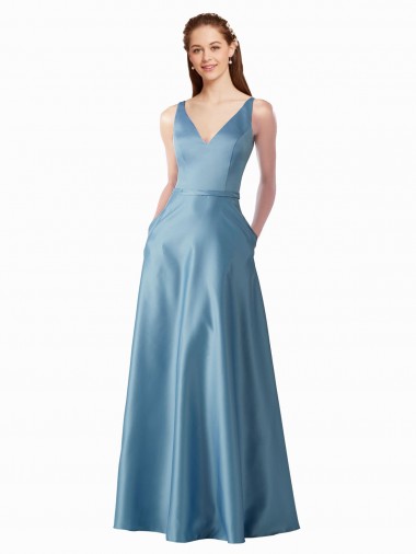 Classic Satin V-Neck A-Line Bridesmaids Dress with Pockets Brisbane