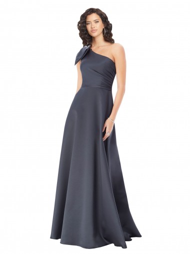 Rouched One Shoulder Floor Length Formal Satin Bridesmaid Dress / Prom Dress with Bow Brisbane