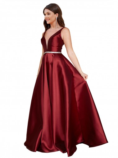 Sleeveless Deep V-Neck A-Line Formal Satin Bridesmaid Dress / Prom Dress with Pockets Brisbane