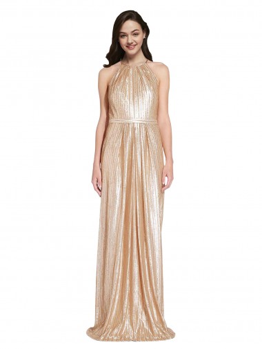 Floor Length Halter Neck Sparkling Formal Sequin Bridesmaid Dress / Prom Dress with Pleats Brisbane