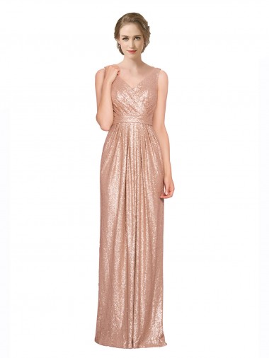 Draped V-Neck Striking Sheath Floor Length Formal Sequin Bridesmaid Dress / Prom Dress Brisbane