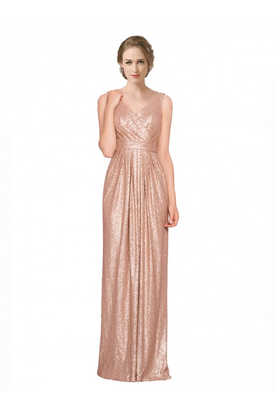 Draped V-Neck Striking Sheath Floor Length Formal Sequin Bridesmaid Dress / Prom Dress Brisbane