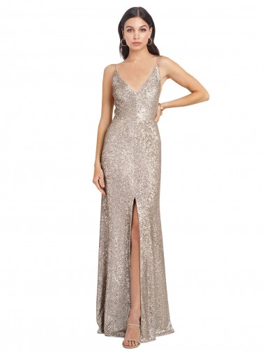 V-Neck Fully Sequin Formal Bridesmaid Dress / Prom Dress with V-Back and Front Slit Brisbane