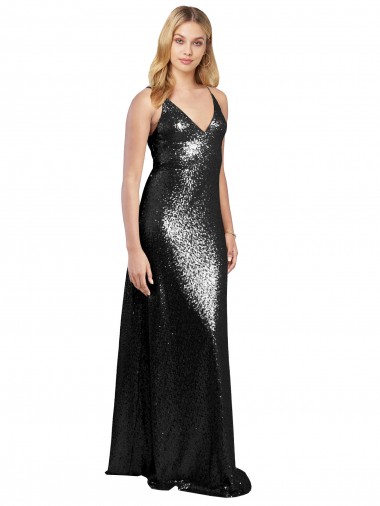 Full Length A-Line Formal Sequin Bridesmaid Dress / Prom Dress with Spaghetti Straps V-Neckline Brisbane