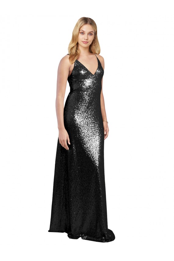 Full Length A-Line Formal Sequin Bridesmaid Dress / Prom Dress with Spaghetti Straps V-Neckline Brisbane