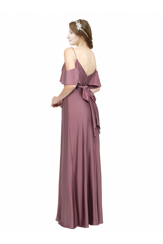 Draped Cold Shoulder Sleeves Long Formal Silky Satin Bridesmaid Dress / Prom Dress with Slit and Tie Back Brisbane