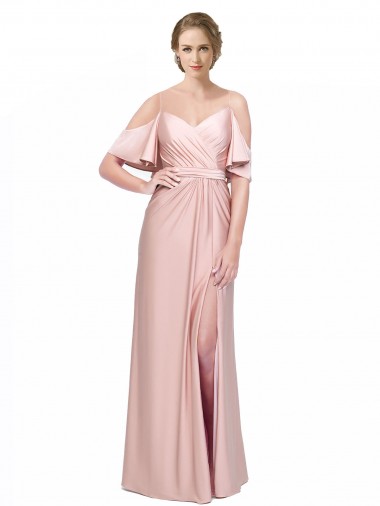 Draped Cold Shoulder Sleeves Long Formal Silky Satin Bridesmaid Dress / Prom Dress with Slit and Tie Back Brisbane