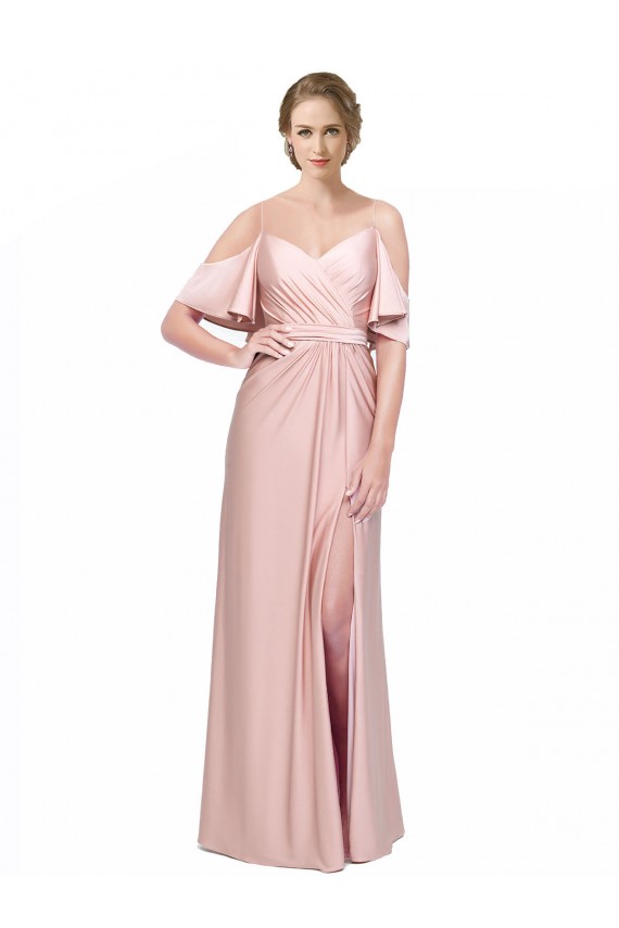 Draped Cold Shoulder Sleeves Long Formal Silky Satin Bridesmaid Dress / Prom Dress with Slit and Tie Back Brisbane