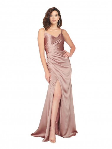 Floor Length Formal Silky Satin Bridesmaid Dress / Prom Dress with Front Skirt Slit Brisbane