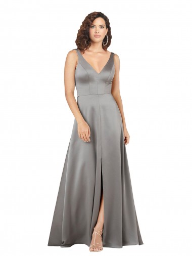 Plunging V-Neckline Long A-Line Formal Silky Satin Bridesmaid Dress / Prom Dress Brisbane