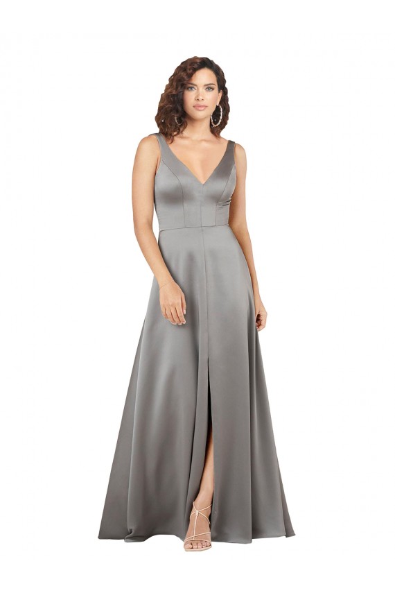Plunging V-Neckline Long A-Line Formal Silky Satin Bridesmaid Dress / Prom Dress Brisbane