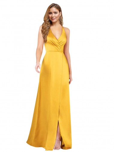 Halter A-Line Formal Silky Satin Bridesmaid Dress / Prom Dress with V-Neckline and Slit Brisbane