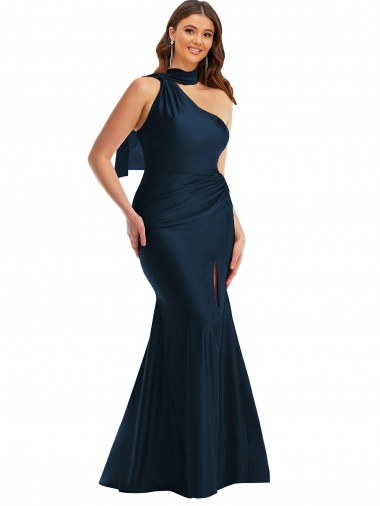 Scarf Neck One Shoulder Formal Silky Satin Mermaid Bridesmaid Dress / Prom Dress with Front Slit Brisbane
