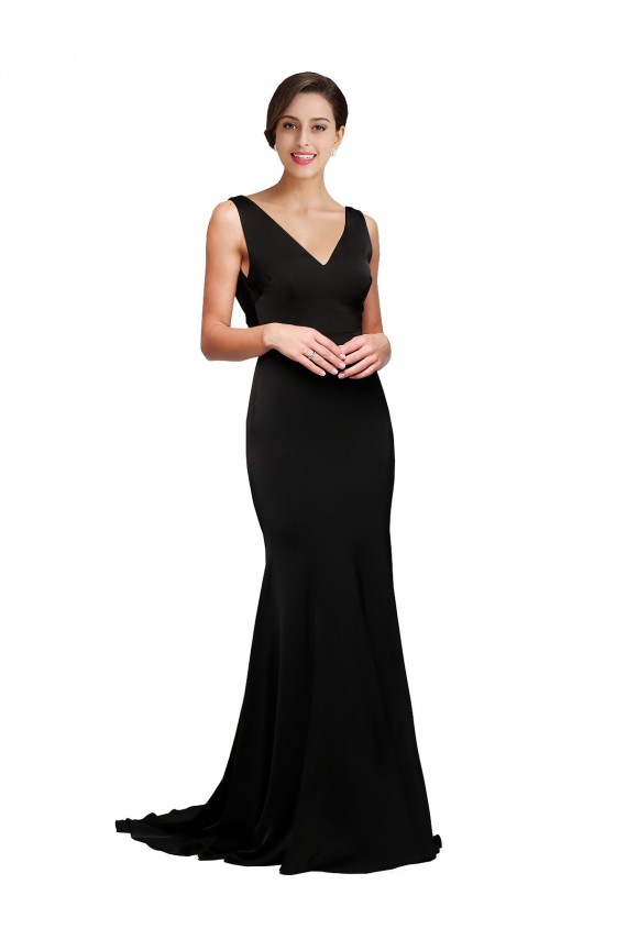V-Neck Full Length Formal Silky Satin Bridesmaid Dress / Prom Dress with Soft Cowl Neck and Sweep Train Brisbane