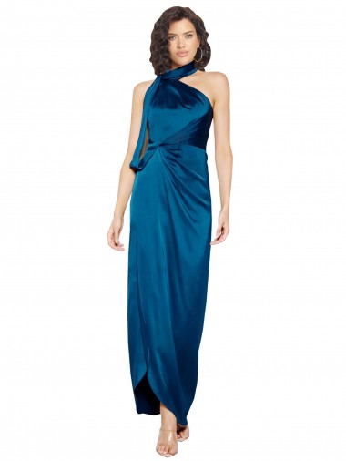 High Halter Neck Formal Silky Satin Bridesmaid Dress / Prom Dress with Sash Overlay and Side Split Brisbane