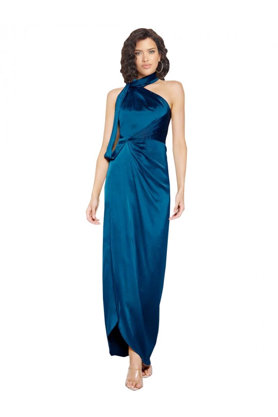 High Halter Neck Formal Silky Satin Bridesmaid Dress / Prom Dress with Sash Overlay and Side Split Brisbane