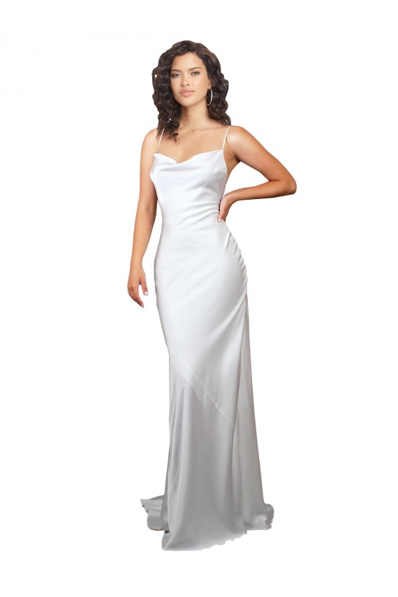 Simple Sweep Train Low Back Tie Cowl Neck Long Silky Satin Beach Wedding Dress Brisbane