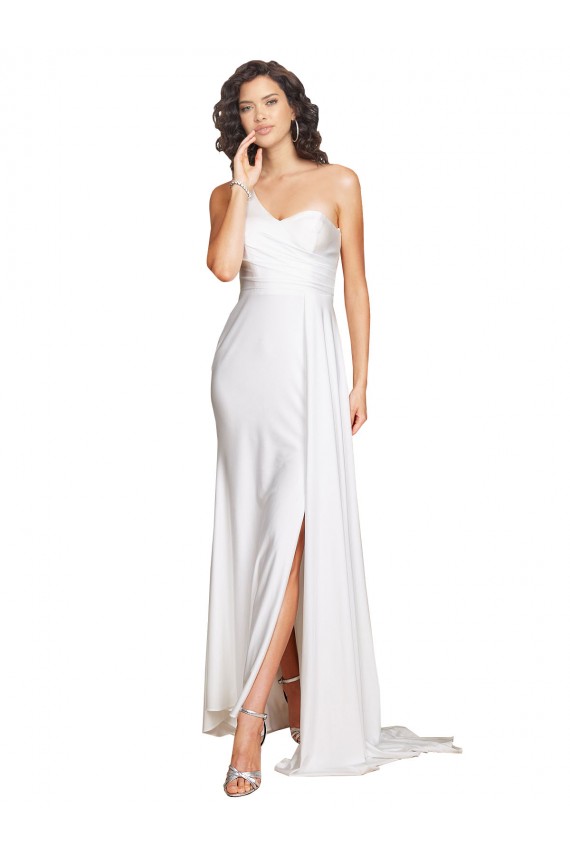 One Shoulder Floor Length Silky Satin Wedding Dress with Side Slit Brisbane