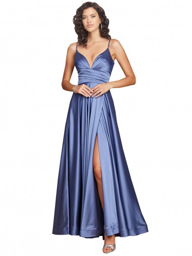 Deep V-Neck Sweetheart Long Formal Silky Satin Bridesmaid Dress / Prom Dress with Thigh High Slit Brisbane