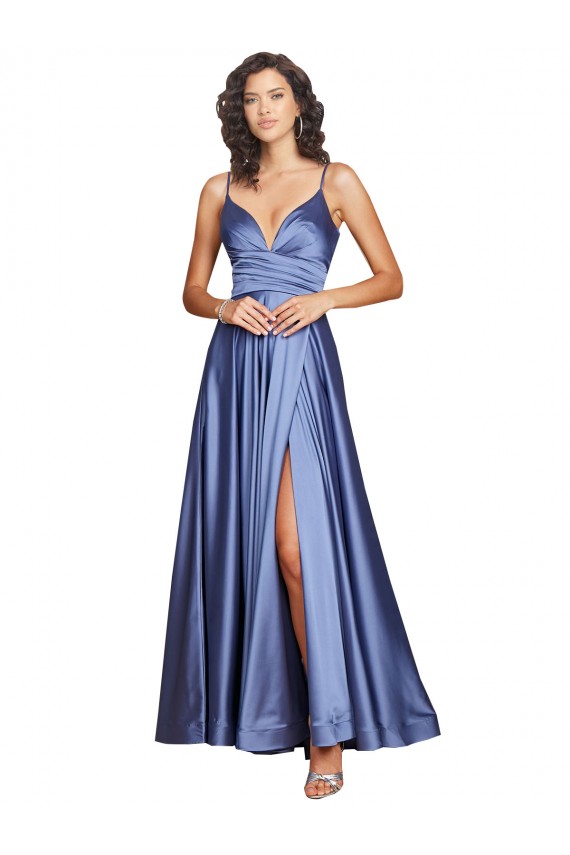 Deep V-Neck Sweetheart Long Formal Silky Satin Bridesmaid Dress / Prom Dress with Thigh High Slit Brisbane