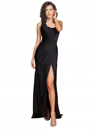 Full Length One Shoulder Ruffled Long Formal Silky Satin Bridesmaid Dress / Prom Dress with High Slit Brisbane