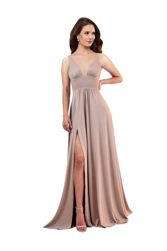 Long A-Line Plunge V-Neckline Formal Spandex Bridesmaid Dress / Prom Dress with Slit Brisbane