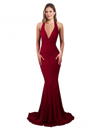 Halter Mermaid Plunge V-Neckline Open Back Bow Tie Formal Spandex Bridesmaid Dress / Prom Dress Brisbane