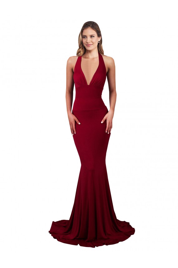 Halter Mermaid Plunge V-Neckline Open Back Bow Tie Formal Spandex Bridesmaid Dress / Prom Dress Brisbane