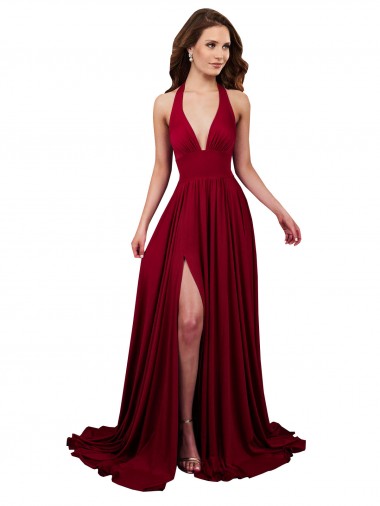 A-Line Halter Plunge V-Neckline Open Back Formal Spandex Bridesmaid Dress / Prom Dress with Slit Brisbane