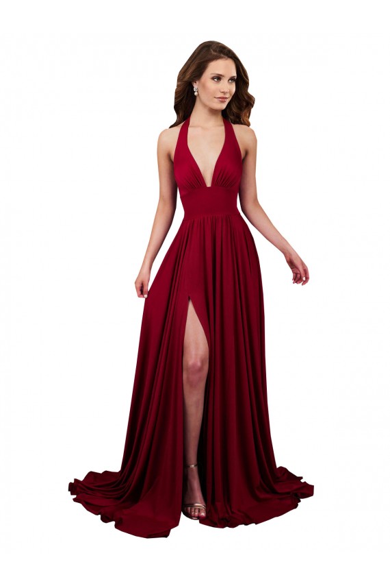 A-Line Halter Plunge V-Neckline Open Back Formal Spandex Bridesmaid Dress / Prom Dress with Slit Brisbane
