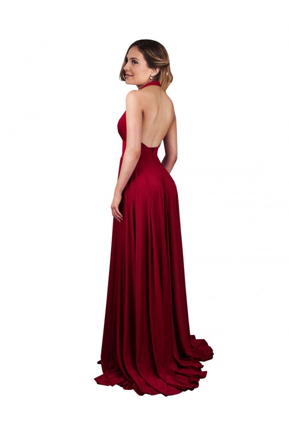 A-Line Halter Plunge V-Neckline Open Back Formal Spandex Bridesmaid Dress / Prom Dress with Slit Brisbane