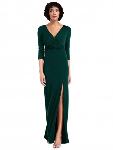 Floor Length 3/4 Sleeves V-Back Draped Wrap Formal Maxi Spandex Bridesmaid Dress / Prom Dress Brisbane