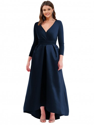 Long Sleeves Wrapped Formal Spandex Bridesmaid Dress / Prom Dress with High Low Full Skirt and Pockets Brisbane
